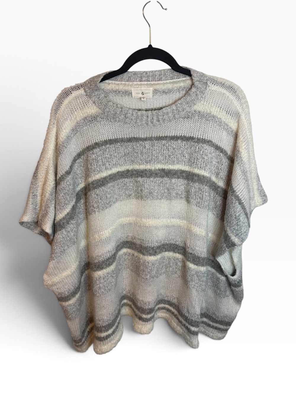 Lou & Grey Gray and White Striped Chunky Knit Poncho Sweater